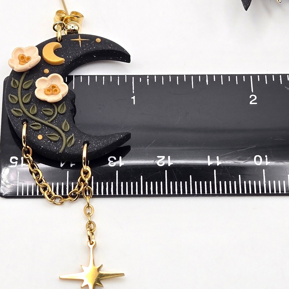 Handmade Dark Forest Crescent Moon Flower Star Dangle Earrings Black Gold Tone - Picture 8 of 8